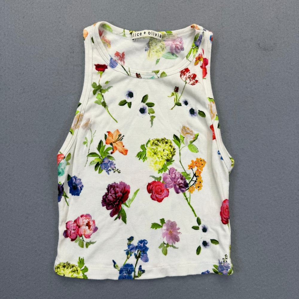 Alice + Olivia Floral Ribbed Knit Tank Top White Multicolor CC303P38019 XS